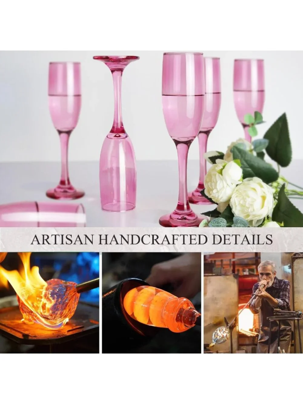Elegant Pink Champagne Flutes Set of 6 - 6oz Long Stem Glasses for Weddings